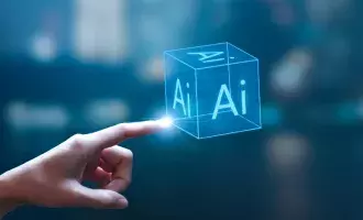 Human hand touch screen AI box for technology and Artificial Intelligence concept